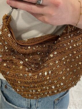 Free People Sequin-Embellished Woven Shoulder Bag in Metallic Brown (Rust)